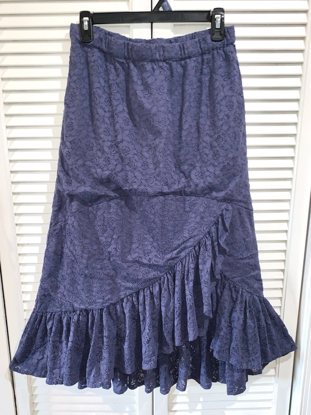 Vintage Back in the Saddle Asymmetrical Lace Ruffle Blue Midi Skirt small